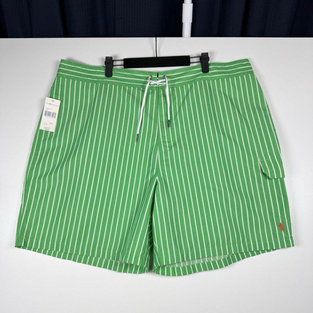 NEW - RALPH LAUREN Swim Shorts Trunks Cargo Pocket Green White Striped Men's 42